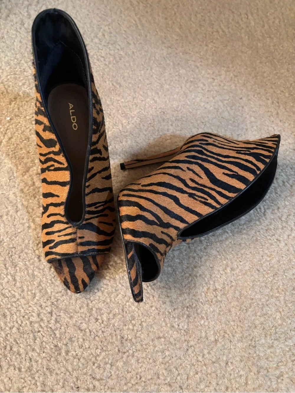 ALDO Tiger-Print Peep-Toe Heels in Brown and Black